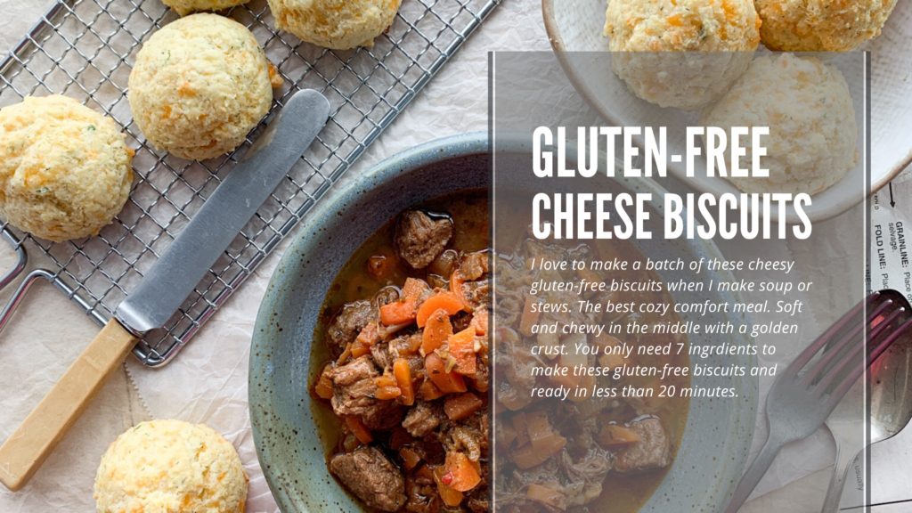 Gluten-free cheese biscuits that are easy to make, only needs 7 ingredients, moist and cheesy inside and tastes delicious. Perfect cozy comfort food for lunch or dinner with a bowl of soup or stew.