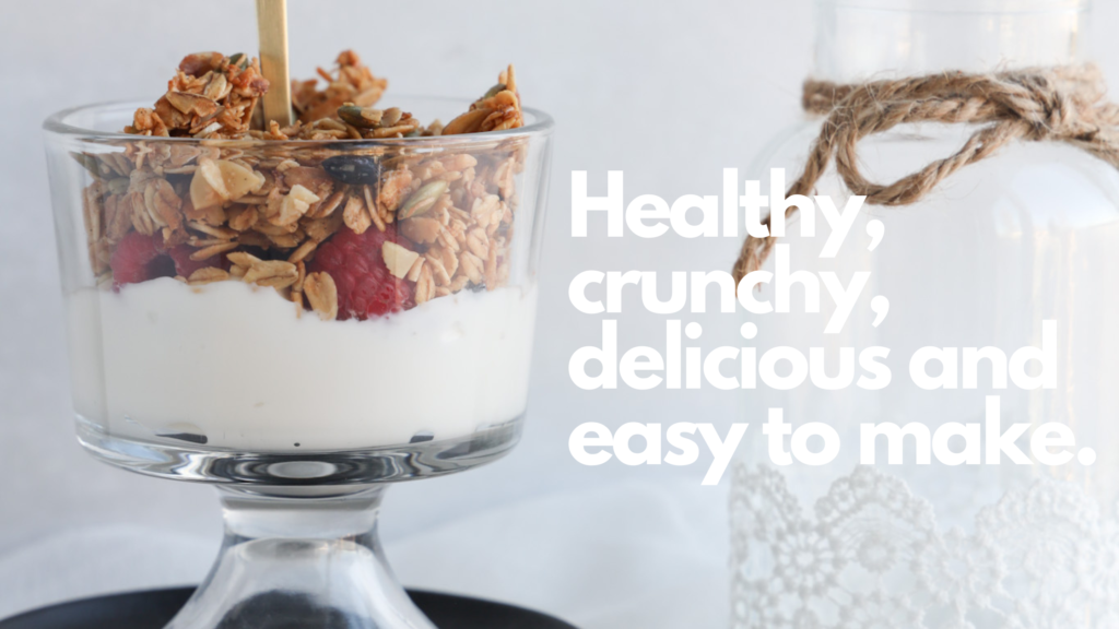 This gluten-free granola is easy to make, healthy, sweetened with maple syrup and honey and perfect for breakfast.