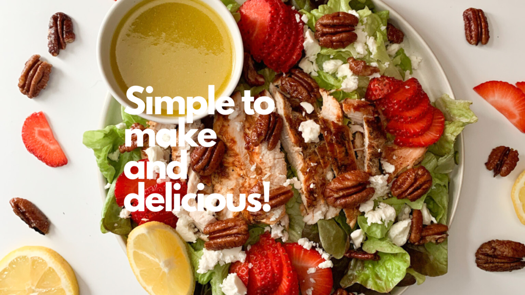 This hearty gluten-free salad features sliced strawberries, grilled chicken, toasted pecans, butter lettuce and feta cheese. Topped with lemon vinaigrette it is the perfect salad for lunch or dinner.