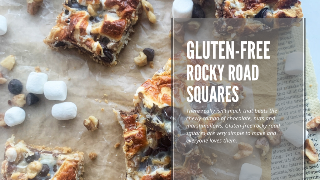 Gluten-free rocky road squares that are sweet, chewy, nutty and topped with roasted mini marshmallows.