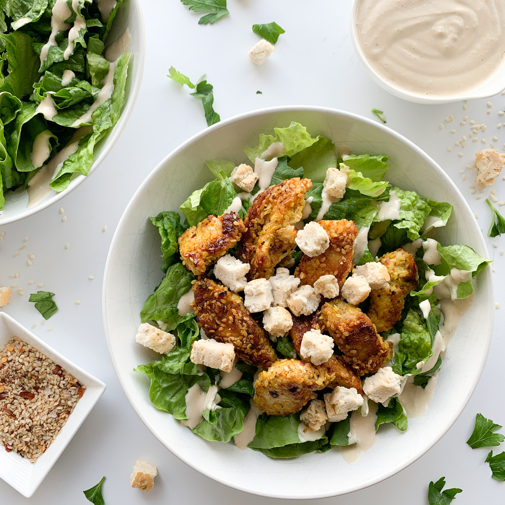 This homemade gluten-free spicy Chicken Caesar salad is packed with flavour, spice and crunch. This salad would also work as a filling in a wrap for lunch or a picnic.
