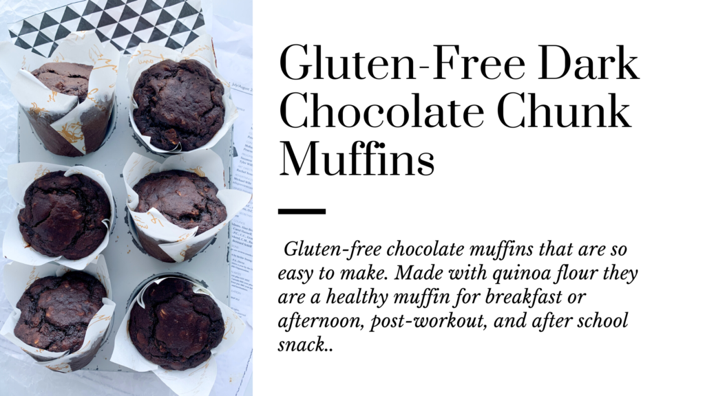 These easy to make gluten-free dark chocolate chunk quinoa muffins are perfect for breakfast, afternoon, post workout or after school snack. Made with quinoa flour it adds fiber, protein, and nutrients to muffins.