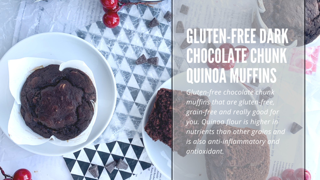 These easy to make gluten-free dark chocolate chunk quinoa muffins are perfect for breakfast, afternoon, post workout or after school snack. Quinoa flour is higher in protein, fiber and nutrients then other flours.