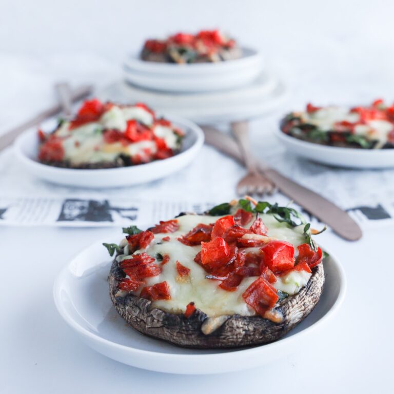 Cut down on prep time with an easy weeknight recipe for gluten-free portobello pizzas. Swap pizza dough with large mushroom caps and you will have a quick and easy, healthy, low carb and keto lunch or dinner for the family.