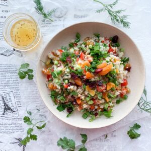 This gluten-free quinoa dried fruit salad is easy to make and perfect as a side dish with chicken or fish or as a full vegetarian meal.