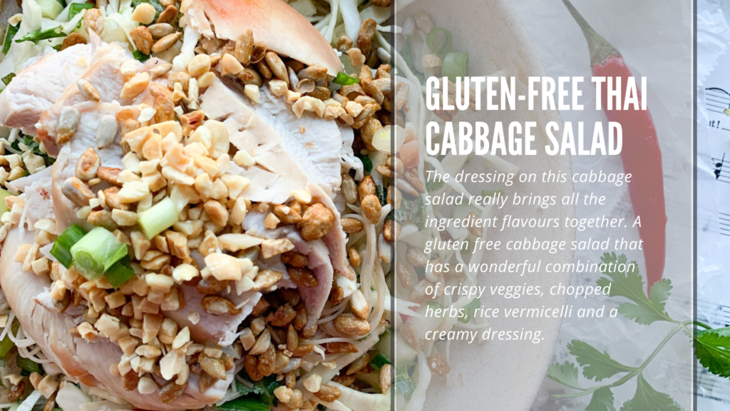 This gluten-free cabbage salad is inspired by my travels to Thailand. It is easy to make and full of color, crunch and flavour. Perfect for lunch or dinner.
