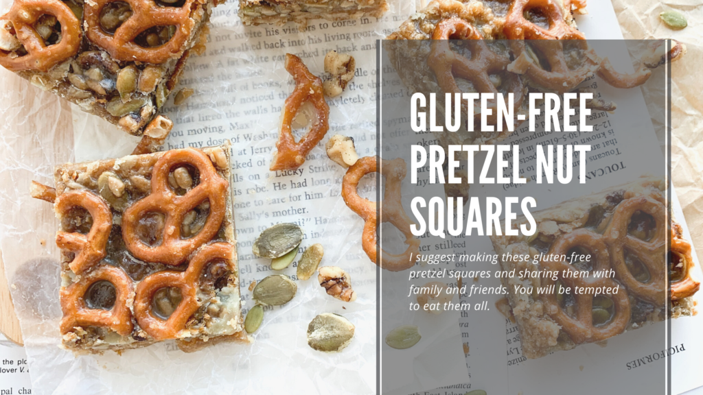 Gluten-free pretzel nut squares that have a shortbread crust and a gooey filling topped with salty pretzels.