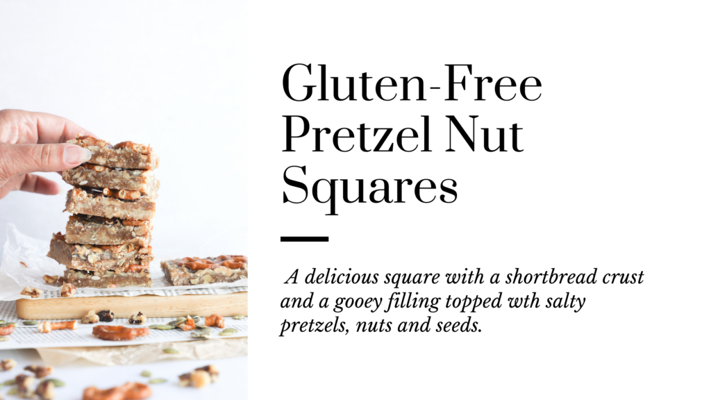 Gluten-free pretzel nut squares that have a shortbread crust and an gooey filling topped with salty pretzels.