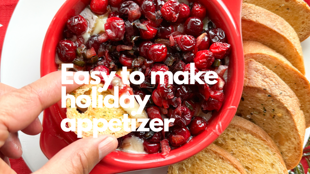 This cranberry baked brie makes the perfect gluten-free appetizer for the holidays. It is easy to make, delicious and uses simple ingredients. Homemade cranberry sauce with shallots and jalapenos tops the brie and then bakes in the oven. Ooey gooey good!