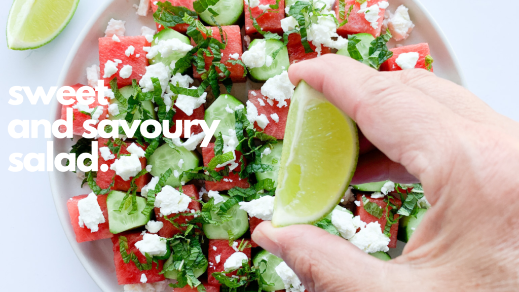 This fresh watermelon, cool cucumber, tangy feta, fresh mint and a drizzle of lime and honey is the perfect summer salad.