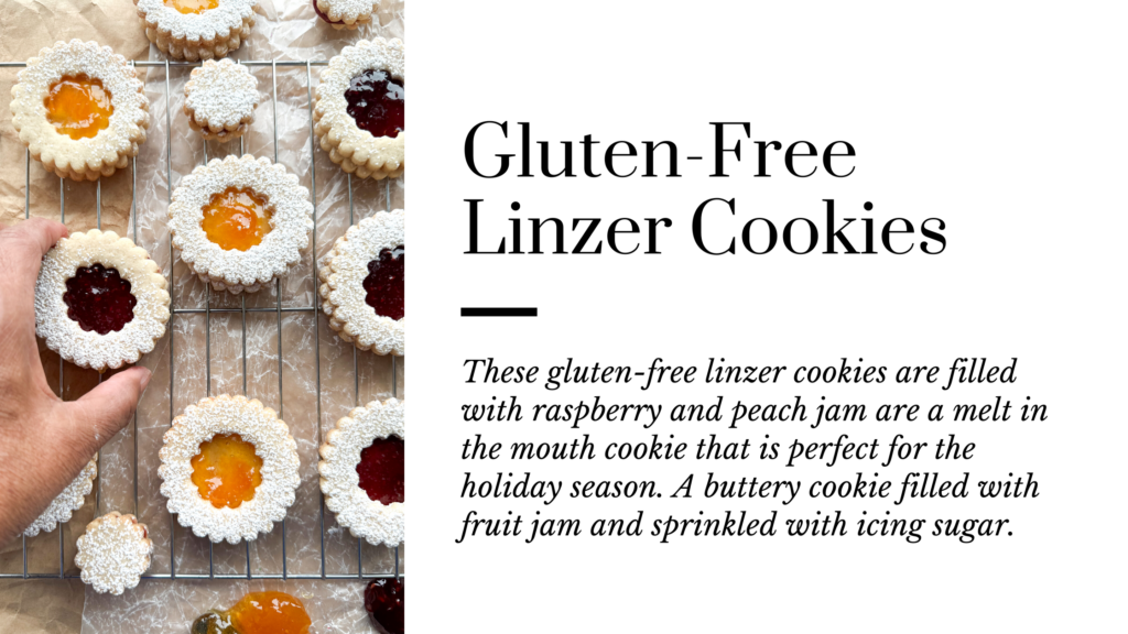 These gluten-free linzer cookies are easy to make, melt in your mouth, filled with raspberry and peach jam and the perfect gluten-free cookie for the holidays. A yummy shortbread like cookie with a jam filled centre that is almost too pretty to eat.