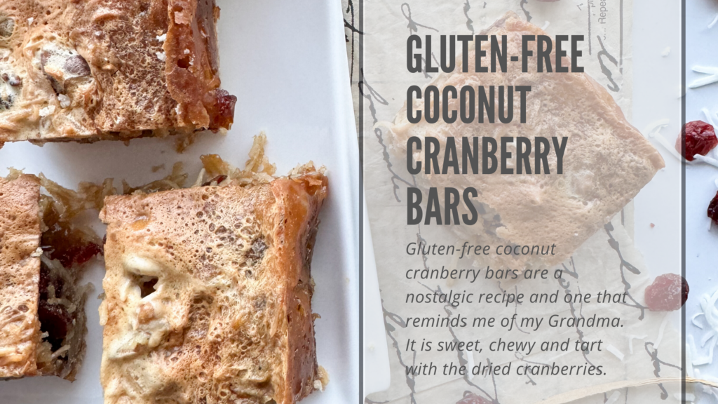 These gluten-free coconut cranberry bars are easy to make, delicious and perfect for the holidays. A shortbread crust is topped with a chewy and sweet coconut walnut cranberry filling. Uses simple ingredients and is a nostalgic recipe that everyone will love.