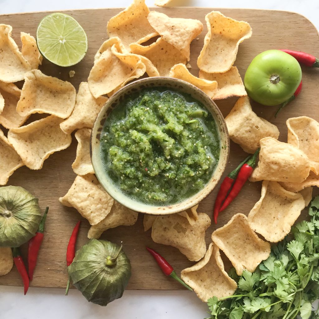 This gluten-free tomatillo salsa is packed with flavour and is super simple to make in a food processor.