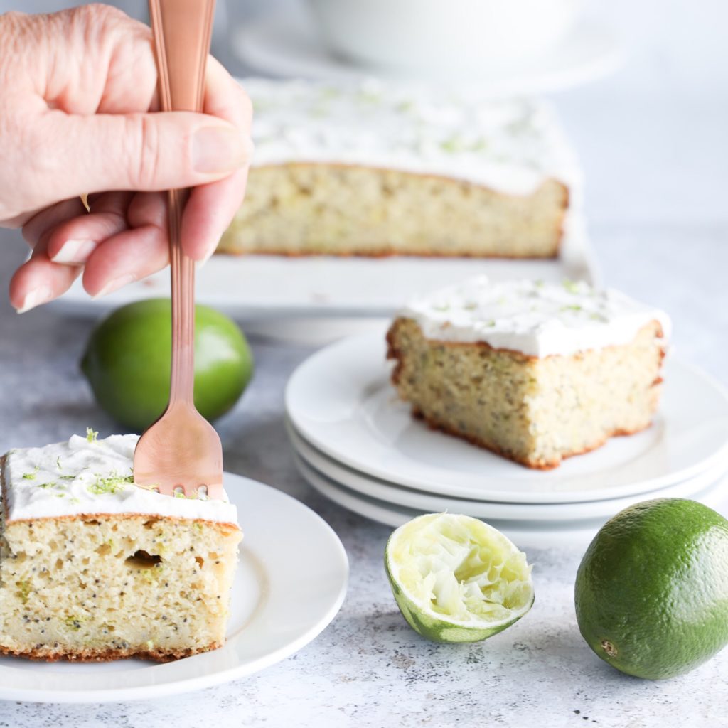 This gluten-free lime and poppyseed cake is tangy, dotted wit poppyseeds and is moist and fluffy.