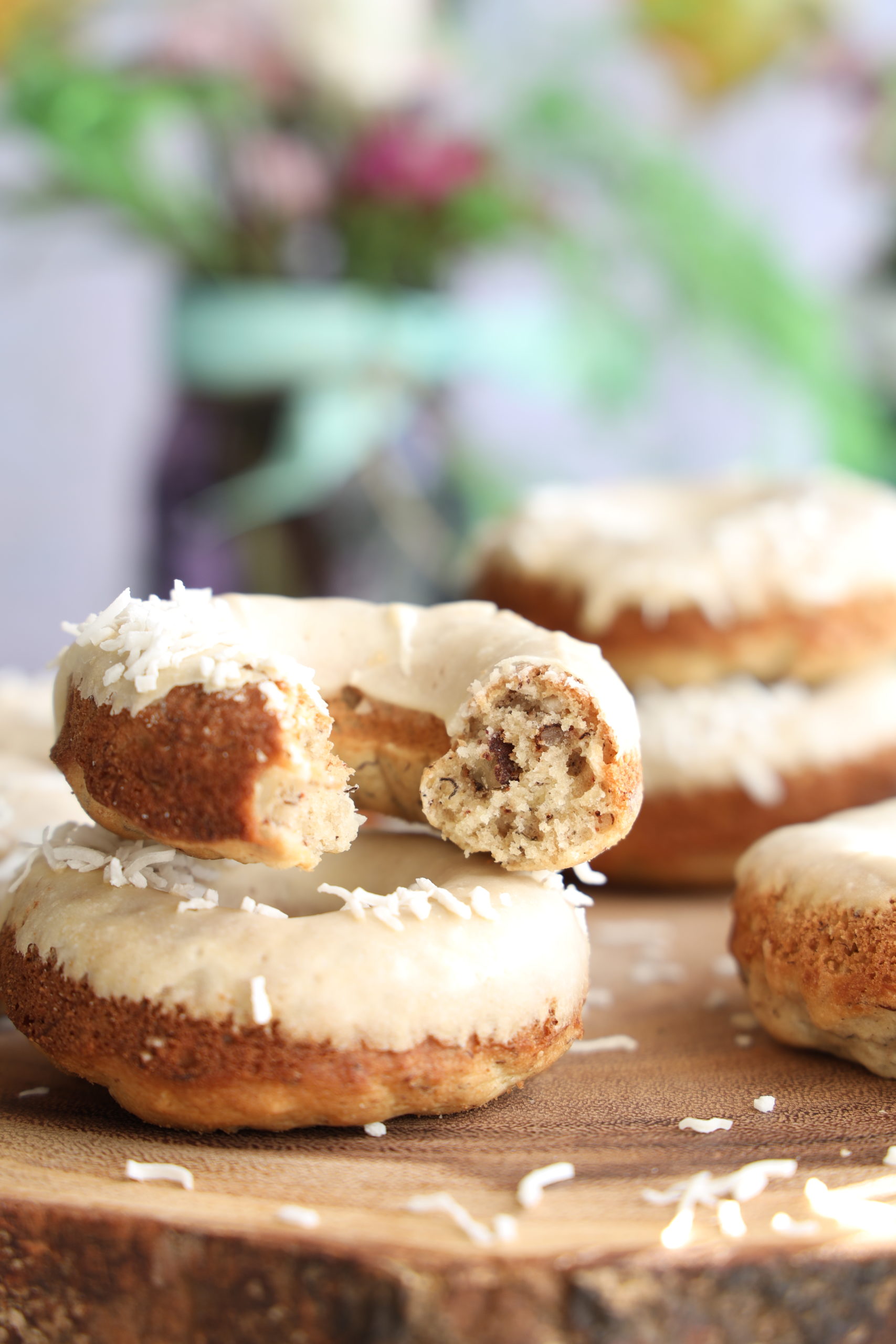 A gluten-free donut inspired by the southern recipe for Hummingbird Cake. Inside the donuts are bananas, pineapple, pecans and spices.