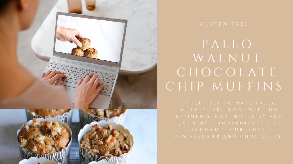 These gluten-free paleo walnut muffins are made with no refined sugar, or dairy and use simple ingredients like almond flour, eggs, powdered peanut butter and chocolate chips.