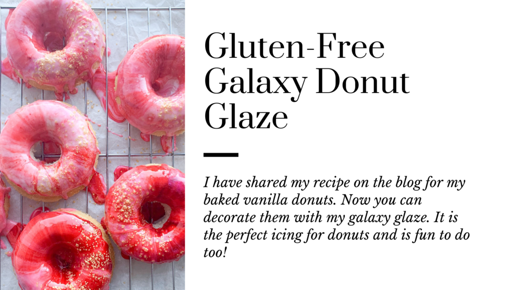 There are a few things better than a glazed donut. My recipe for gluten-free galaxy donut glaze takes icing to another level. Swirls of icing sugar, milk and food colouring layered on top of a gluten-free baked donut.