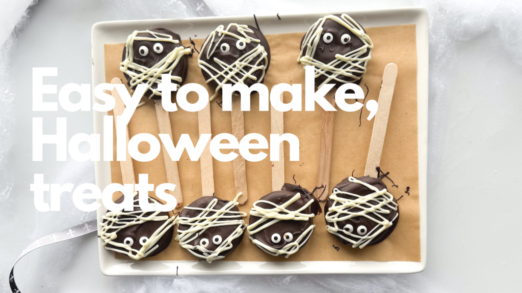 Make these delicious no-bake, kid friendly easy to make gluten-free Halloween treats. Just dip plain gluten-free Oreos into melted chocolate, add edible eyes and drizzle with melted white chocolate.