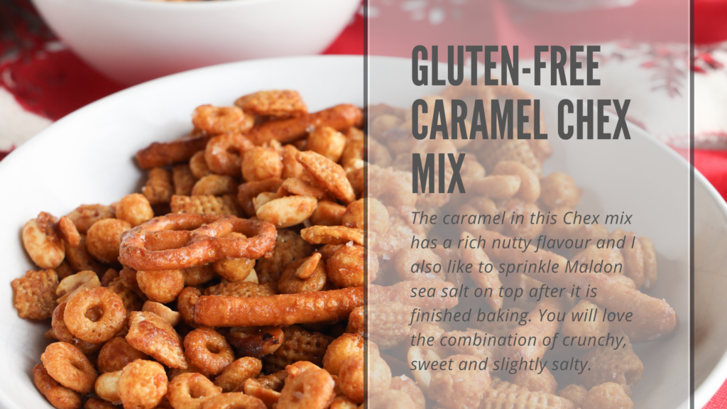 Gluten-free caramel Chex mix is a great holiday snack or food gift that is easy to make. It is so addicting and you will have a hard time only taking one handful to eat. Made with simple ingredients like gluten-free cereals, pretzels and peanuts and the whole recipe can be made in under 40 minutes. 