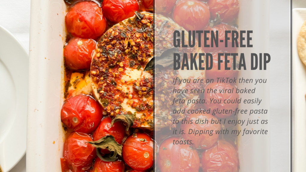 This easy to make gluten-free baked feta dip is ready in just 25 minutes. It is perfect when company comes over or to bring to your next holiday party. It uses simple ingredients like feta, baby tomatoes, chili oil, and basil. So easy to make and oh so delicious.