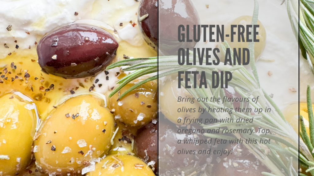 This olives and feta dip is ready in less than 15 minutes. Add olive oil, olives, dried oregano and rosemary to a frying pan and heat up. Add the hot olives to a whipped feta and serve. An easy to make, delicious gluten-free appetizer for the holiday season that friends and family will enjoy.